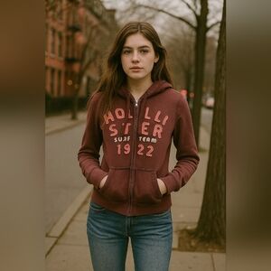 Hollister Y2K Burgundy Zip-Up Hoodie Vintage Logo